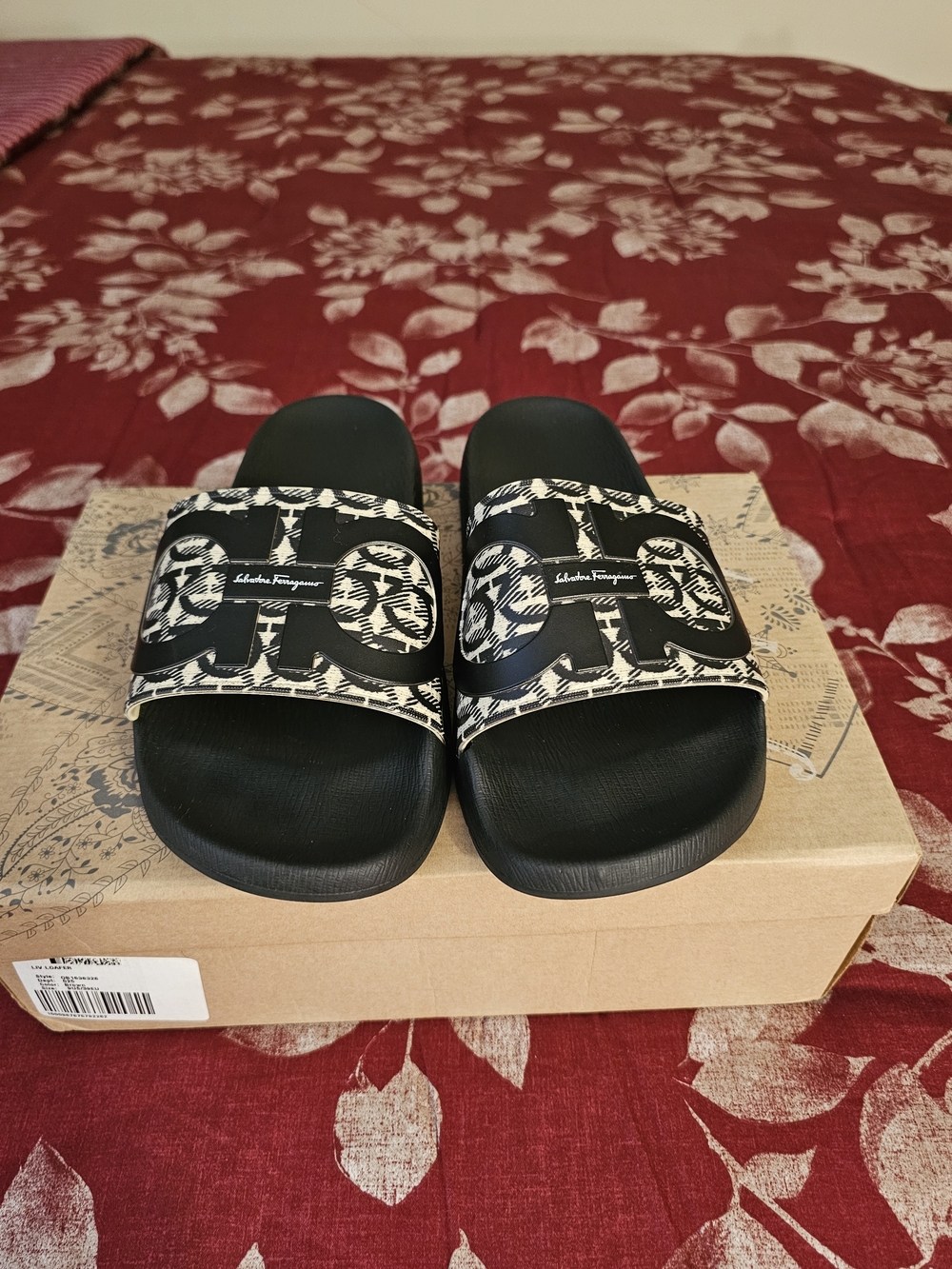 Salvatore Ferragamo Black & Ivory Logo Slide Sandals